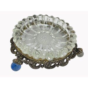 Vintage Glass Flower Ring Dish/Pin Dish/Ashtray Glass with metal base